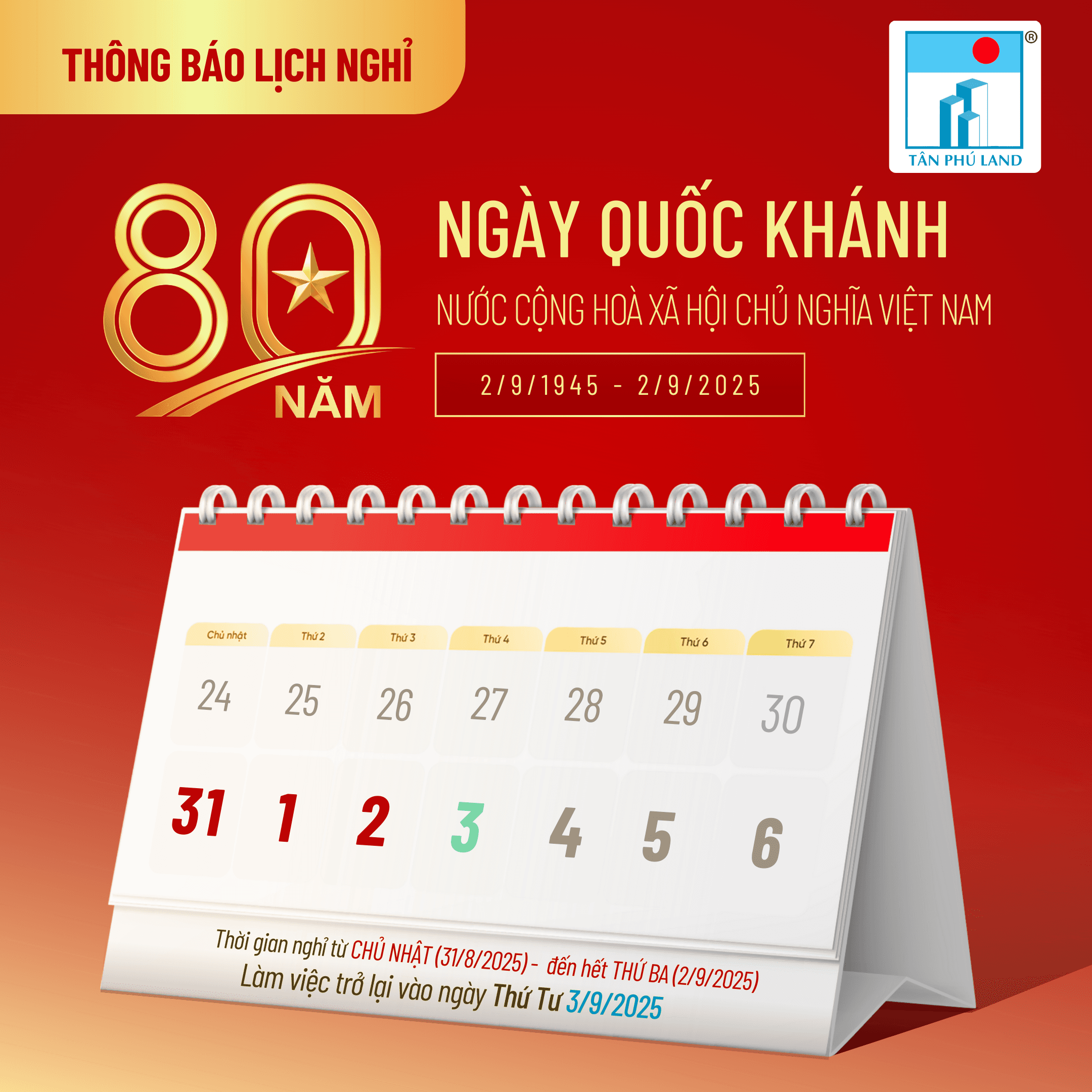 Tân Phú Land, Thông báo lịch nghỉ Lễ Quốc Khánh 2/9